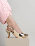 Shoetopia Women'S Golden Metallic Slingback Pointed-Toe High Heels || Elegant Stiletto Pumps With Adjustable Strap || Dress Shoes For Parties Weddings And Formal Events Eu38,Golden,5,B0DTG8M8CB
