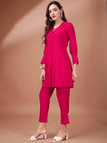 Womanista Blend Women'S Crimson Pink Colour Chanderi Silk Fabric Tunic With Trouser Coord Set Ankle Length (Co-Ords_9027 S)