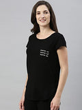 Enamor Essentials Women's Relaxed Fit Hip Length Cap Sleeves Scoop Neck 4 Way Stretch Soft & Luxurious Viscose Spandex Lounge Tee - E301(E301-Jet Black /Positive Graphic-L),Jet Blk/Positive