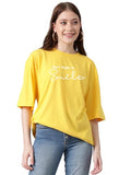 Kotty Women'S Printed, Typography Round Neck Cotton Blend 3/4 Sleeve T-Shirt(Yellow,L)