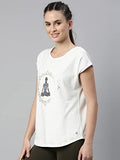 Enamor Athleisure Women's Relaxed Fit Long Length Short Sleeve Boat Neck 4 Way Stretch Antimicrobial Cotton Tee with Inspiring Graphics (E131-Ivory / Meditate Graphic-M),Ivory/Meditate