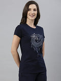 Enamor Essentials Women's Short Sleeve Crew Neck Slim Fit Breathable Stretch Cotton Tee With Graphic - E147(E147-Navy/Mandala Graphic-S),Navy/Mandala Graphic