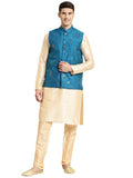 Sojanya (Since 1958 Men'S Silk Blend Gold Kurta & Churidaar Pyjama With Mirror Work Nehrujacket Set