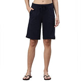 Enamor Essentials Women's Mid Rise Relaxed Fit 100% Cotton Knee Length Shorts Bermuda with Elasticated Waistband and Pockets - E080(E080-Navy-XL),Navy