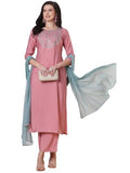 Anni Designer Women'S Rayon Viscose Embroidered Straight Kurta With Pant & Dupatta (Meja Pink_Xl_Pink_X-Large),Pink,XL
