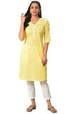 Aurelia Women's Cotton Regular Yellow Floral Printed V-Neck Kurta (23FEA13899-506697