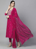 Anni Designer Women'S Cotton Blend Embroidered Straight Kurta With Pant & Dupatta (Kasturi Pink-Apl_Xxl_Pink_Xx-Large),Pink,2XL,Cotton Blend,Regular,Kurta, Scarf