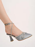 Women'S Silver Satin High Heel Sandals Pointed Toe Party Heels With Rhinestone Bow & Ankle Strap Elegant Stilettos For Weddings & Events Eu38,Silver,5,B0DJJVZL2N