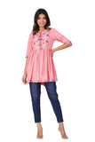 DIGITAL SHOPEE Rayon Embroidery Short Flair Frock Regular Kurti | Kurta for Women Girls (Small, Peach)