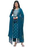 Gosriki Women'S Cotton Blend Straight Printed Kurta With Pant & Dupatta (Sawre Kerosin-Gs_S_Blue_Small),Blue,,B0CQPH1X8Z