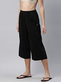 Enamor Essentials Women's High Waisted Relaxed Fit Capri Length Breathable Pure Cotton Culottes with Pockets & Adjustable Drawstring - E402(E402-Jet Black-S),Jet Black