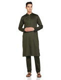 Manyavar Cotton Solid Casual Kurta Set for Men Green