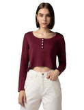 FYLTR Women's Casual Scoop Neck Henley T-Shirt - Full Sleeves | Fitted Length,Berry Cherry