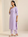 Libas Womens Woven Design Cotton Blend Straight Kurta With Trousers And Dupatta Lavender M