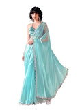 Womanista Women's Jimmychoo Solid Blue Saree Embellished Lace With Un-stitched blouse