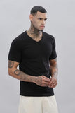 Adro Men'S V Neck Solid Cotton T-Shirt (Vn-M-Pln-Bl_Black_L)