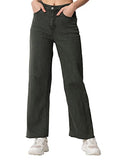 Kotty Women Mid Rise Cotton Lycra Regular Length Straight Fit Dark Green Solid Jeans (Dark Green,28)