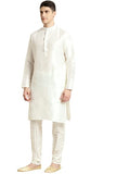 Sojanya (Since 1958 Men'S Silk Blend Cream Kurta & Churidaar Pyjama With Mirror Work Nehrujacket Set Cream & Peacock Blue Xl
