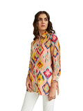 Leriya Fashion Women's Rayon Ikat Printed Casual Shirt Tops for Women Long Cuff Sleeves Collared Neck Button Down Tunic for Outing Travel Holiday Party Office Wear Shirts (Large Peach),Peach