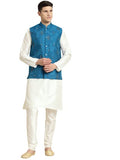 Sojanya (Since 1958 Men'S Silk Blend Cream Kurta & Churidaar Pyjama With Mirror Work Nehrujacket Set
