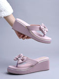 Shoetopia Upper Bow Detailed Wedges | Cushioned Footbed |Casual Ethnic Festive Women'S Girls Stylish Slip On | Light Weight For Daily & Outdoor Sandal-Peach-Eu38,Peach,5,B0DZVN4SQB