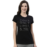 Enamor Essentials Women's Short Sleeve Crew Neck Slim Fit Breathable Stretch Cotton Tee With Graphic - E147(E147-Jet Black /Limit Graphic-S),Jet Blk/Limit
