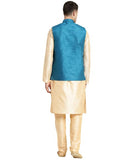 Sojanya (Since 1958 Men'S Silk Blend Gold Kurta & Churidaar Pyjama With Mirror Work Nehrujacket Set