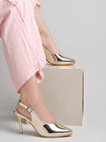 Shoetopia Women'S Golden Metallic Slingback Pointed-Toe High Heels || Elegant Stiletto Pumps With Adjustable Strap || Dress Shoes For Parties Weddings And Formal Events Eu38,Golden,5,B0DTG8M8CB