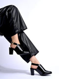 Shoetopia Women'S Black Patent Leather Block Heel Sandal With Ankle Strap And Pointed Toe Elegant Formal Dress Sandal Eu40,Black,7,B0DZVMPV95
