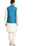 Sojanya (Since 1958 Men'S Silk Blend Cream Kurta & Churidaar Pyjama With Mirror Work Nehrujacket Set Cream & Peacock Blue Xl