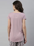 Enamor Essentials Women's Relaxed Fit Hip Length Cap Sleeves Scoop Neck 4 Way Stretch Soft & Luxurious Viscose Spandex Lounge Tee - E301(E301-Mauve Pink /Positive Graphic-M),Mauve Pink/Positive