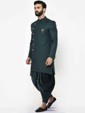 Kisah Men'S Indo-Western Sherwani Dhoti Set, Green Cotton Blend, Solid Dyed Regular Fit Long Sleeves Mandarin Collar (38)