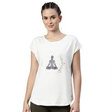Enamor Athleisure Women's Relaxed Fit Long Length Short Sleeve Boat Neck 4 Way Stretch Antimicrobial Cotton Tee with Inspiring Graphics (E131-Ivory / Meditate Graphic-S),Ivory/Meditate