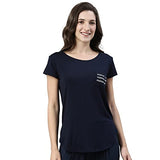 Enamor Essentials Women's Relaxed Fit Hip Length Cap Sleeves Scoop Neck 4 Way Stretch Soft & Luxurious Viscose Spandex Lounge Tee - E301(E301-Navy /Positive Graphic-S),Navy/Positivegraphic