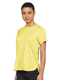 Enamor Athleisure Polyester Women's Relaxed Fit Crew Neck Hip Length Short Sleeves Quick Dry Antimicrobial 4 Stretch T-Shirt for Women - E105(E105-Lemon Melange W/Magic-M),Lemon Mel W/Magic