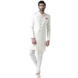 Kisah Men Off-White Self-Design Cotton Sherwani Set, Full Sleaves, Knee Length, Straight, Regular Fit, Mandarin Collar Ethnic Ca