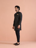 Kisah Men'S Black Sherwani Trousers Set, Cotton Full Sleaves, Knee Length, Straight, Regular Fit, Mandarin Collar Ethnic Wear