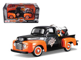 1948 Ford F1 Pickup Truck with 1958 Harley Davidson FLH Duo Glide Motorcycle Orange and Black 1/24 Diecast Models by Maisto