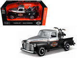 1950 Chevrolet 3100 Pickup Truck Harley Davidson Silver Metallic and Black with 1948 Harley Davidson FL Panhead Motorcycle Bla