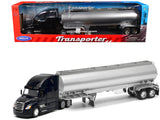 Freightliner Cascadia Truck Black with Silver Tanker Trailer Transporter Series 1/32 Diecast Model by Welly