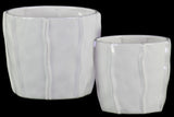 Ceramic Low Pot With Embedded Wave Design Body Set Of Two Gloss Finish White