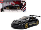 Porsche 911 (992) GT3 RS Black with Carbon Top and Hood Stripes and Gold Wheels HyperSpec 1/24 Diecast Model Car by Jada