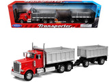 Peterbilt 379 Dump Truck Red with Gray Double Dump Trailer Transporter Series 1/32 Diecast Model by Welly