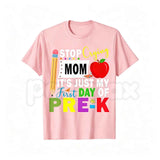 Stop Crying Mom It's Just My First Day of Pre-K T-Shirt – Funny Back to School Graphic Tee, Kids Unisex Cotton Shirt