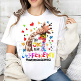 "Different is Beautiful" Artistic Giraffe T-Shirt – Autism Awareness Hearts & Puzzle Print, Premium 100% Cotton Neurodiversity Top, Soft Lived-In Heavyweight Women's Advocacy Wear, Made in USA