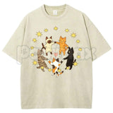 Five Holding Hands Circle Cats T-Shirt – Retro Wholesome Kitten Star Heart Graphic Tee, Vintage Washed Lightweight Cotton Unisex Top