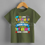 Kindergarten Graduation T-Shirt – "Look Out 1st Grade Here I Come" Kids Last Day Of School Graphic Tee