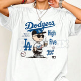 "Chillen’ in LA" Dodgers T-Shirt – Charlie Brown Coffee Graphic Tee, Remastered Heavy Cotton LA Baseball Top, Soft Lived-In Heavyweight Snoopy & Peanuts Fan Shirt, Made in USA