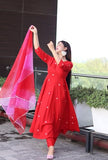 Anni Designer Women'S Cotton Blend Anarkali Embroidered Kurta With Pant & Dupatta (Gsk-Red-Nw_S_Red_Small),Red,S,,,