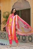 Anni Designer Women'S Cotton Blend Straight Printed Kurta With Pant & Dupatta (Kapila Pink_L_Pink_Large),Pink,L,Cotton Blend,Regular,
